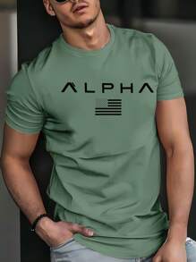 100% 聚酯纤维个性化设计绿色短袖T恤，印有“ALPHA”字样和简约Logo，休闲男士透气T恤，夏季速干轻薄面料 - 黑色 - 查看 3