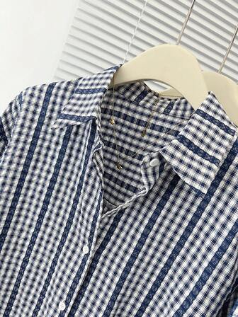 女式休闲日常格子蕾丝边纽扣衬衫