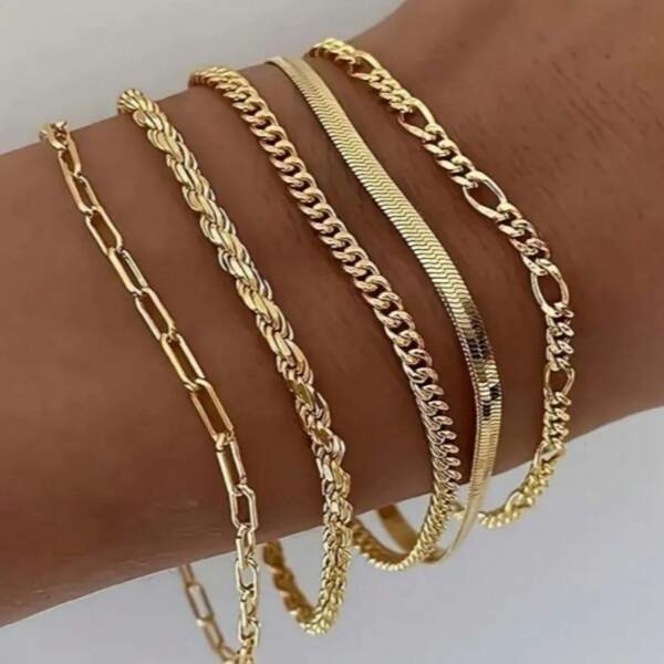 5-Piece Bohemian Style Elegant Stainless Steel Bracelet Set, 14K Gold Plated Tennis Beads Jewelry For Women And Girls, Versatile Daily And Party Accessories