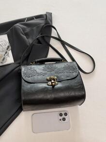 1pc Fashionable Hardware Lock Design Embossed PU Leather Handbag With High-End Style, Can Be Worn Across Body - Black - View 6