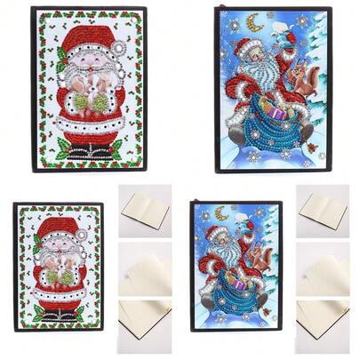 1pc/Set DIY Christmas Diamond Painting Notebooks Kit - Santa Claus Pattern On PU Leather Cover, Special Shape Crystal Rhinestones Diamond Art Notebook Journal Without Lines Size 20.8cm*14.5cm/8.18inch*5.7inch , Craft Journal For Writing & Drawing For Home Office Travel Dairy Notes, Great Christmas Gifts For Friends And Family