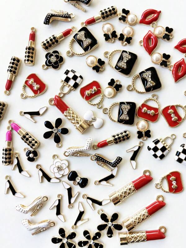 16/32/50pcs Fashion Enamel Handbag, Lipstick, High Heel Shoe, Rose Flower Charms For Women DIY Pendant, Suitable For Earrings, Jewelry Making Accessories, Multicolor Zinc Alloy Teardrop Pendants, Cute Decorative Pieces For Necklace, Bracelet, Keychain, Jewelry Crafting