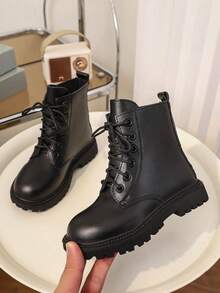 1 Pair Boots, Soft PU Front Lace-Up, Round Toe Thick Sole Height-Increasing British Style Motorcycle Boots, Suitable For Daily School, Vacation, Autumn/Winter New Arrival - Black - View 2