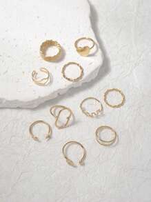 10 件金色简约金属合金心形与几何图案开口戒指套装 - 金色 - 查看 3