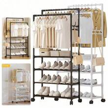 1pc Multi-Layer Adjustable Clothes Drying Rack With Multifunctional Coat Hanger & Shoe Storage Organizer, Portable Garment Stand For Bedroom Balcony Laundry Room, Heavy Duty Hanging Rack For Drying Clothes Storing Shoes Accessories Home Organization Space Saving Closet Solution - Multicolor - View 7