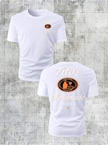 180g Pure Cotton Loose Crew Neck Tee, Tito's Handmade Vodka "Austin Texas" Badge Graphic, Classic Black, Summer Casual Wear - 白色 - 查看 1