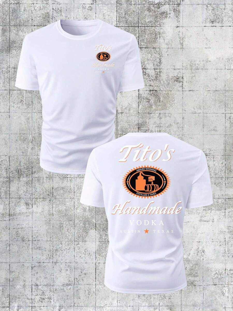 180g Pure Cotton Loose Crew Neck Tee, Tito's Handmade Vodka "Austin Texas" Badge Graphic, Classic Black, Summer Casual Wear - 白色 - 查看 1