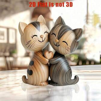 2D 平面印花厚木猫咪情侣礼物 - 迷人猫咪情侣礼物，浅色和深色木纹印花，适合家居或办公室装饰，是送给爱猫人士的独特礼物，注意：[非 3D]