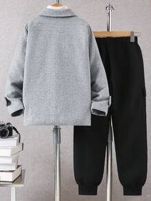 Tween BoyCasual Windbreaker Jacket With Turn-Down Collar, Double-Breasted Pockets, Long Sleeves And Pants Set, Autumn/Winter
