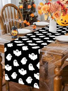 1pc 35*180cm Halloween Cute Ghost Polyester Table Runner - Black & White Ghos Pattern Tablecover, Suitable For Halloween Party, Horror Theme Decor, Restaurants, Kitchens Or Home Gatherings, Party Supplies