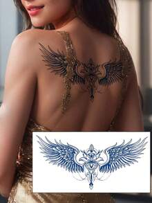 1 Waterproof And Non Reflective Wing Tattoo Sticker, Semi Permanent Plant-Based Temporary Tattoo, Cool Flying Wing, Flower, Chain Pattern, Easy To Play, Suitable For Women's Back And Chest Use, Lasting 7-14 Days, Essential For Party Music Festivals - Blue - View 2
