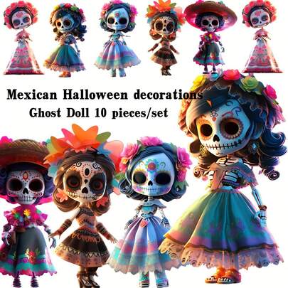 10pcs/12pcs New Gothic Punk Acrylic Flat Christmas, Day Of The Dead, Halloween Party And Halloween Decor, Wooden Christmas Glitch Ornaments, Christmas Tree Decorations, Christmas Party Decor (Size: 8cm/3.14in)
