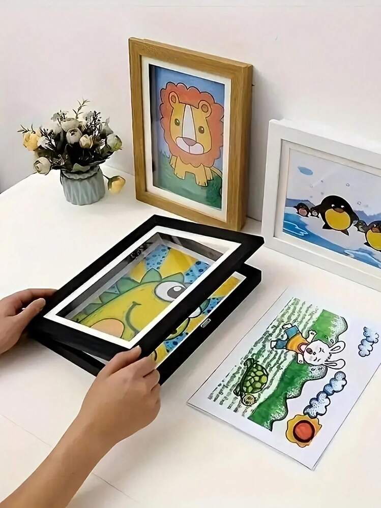 2 Pieces A4 Wooden Photo Frames With Front Opening, Classic Photo Frames, Foldable Wall Hanging Design, Easy To Change Photos, For Children'S Painting, Family Photo Display, Home Decoration Ornaments - 黑色 - 查看 2