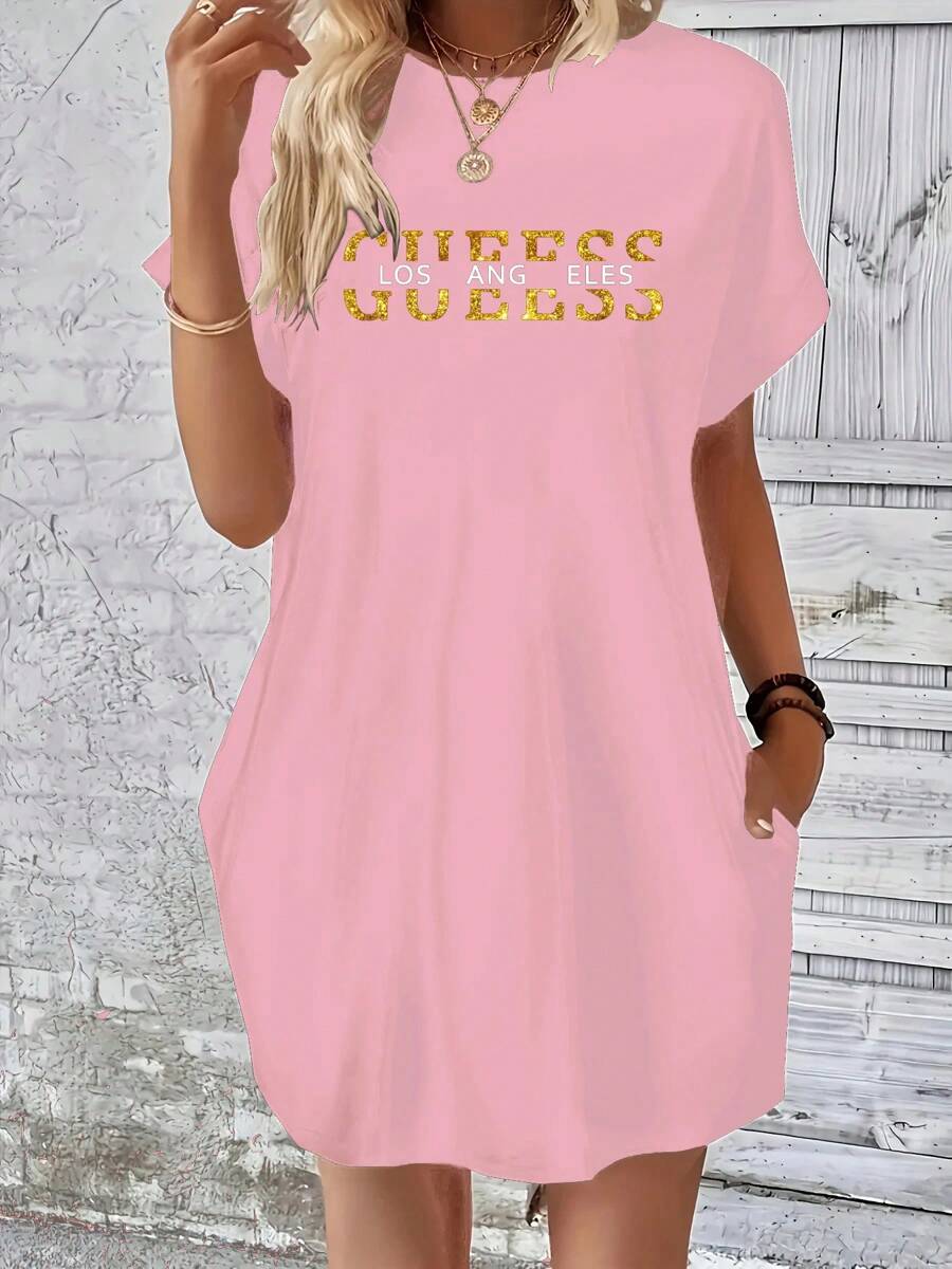 Loose-Fitting Summer Dress For Women By GUEESS With Los Angeles Letter Pattern, Round Neck, Short Sleeves, Pocket, Comfortable And Casual In Plus Size