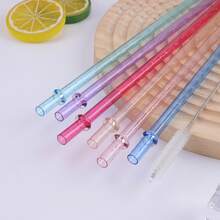6件/12件套塑料吸管，含吸管清洁刷，粉色/紫色/玫红色透明闪光吸管带环，易于清洁，抗冲击力强，可重复使用吸管，适用于30盎司/20盎司/16盎司杯子、水瓶、牛奶杯、塑料水杯、玻璃杯 - 多色/多款式 - 查看 7