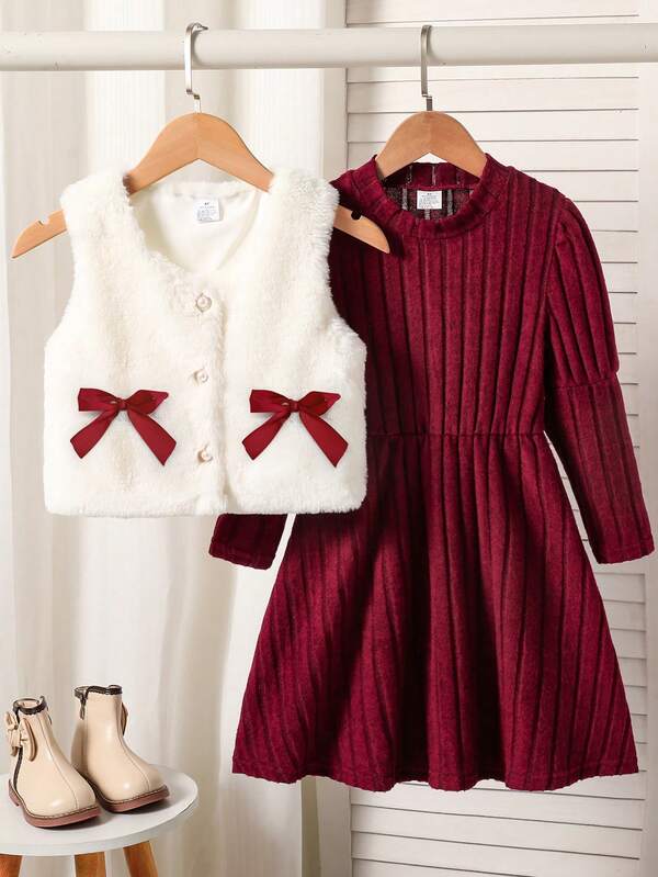 2pcs/Set Girls Long Sleeve Dress Set, Includes Red Plush Lantern Sleeve Dress & Bow Fluffy Vest Jacket, Suitable For Holiday, Party, Christmas, Casual Outdoor Wear