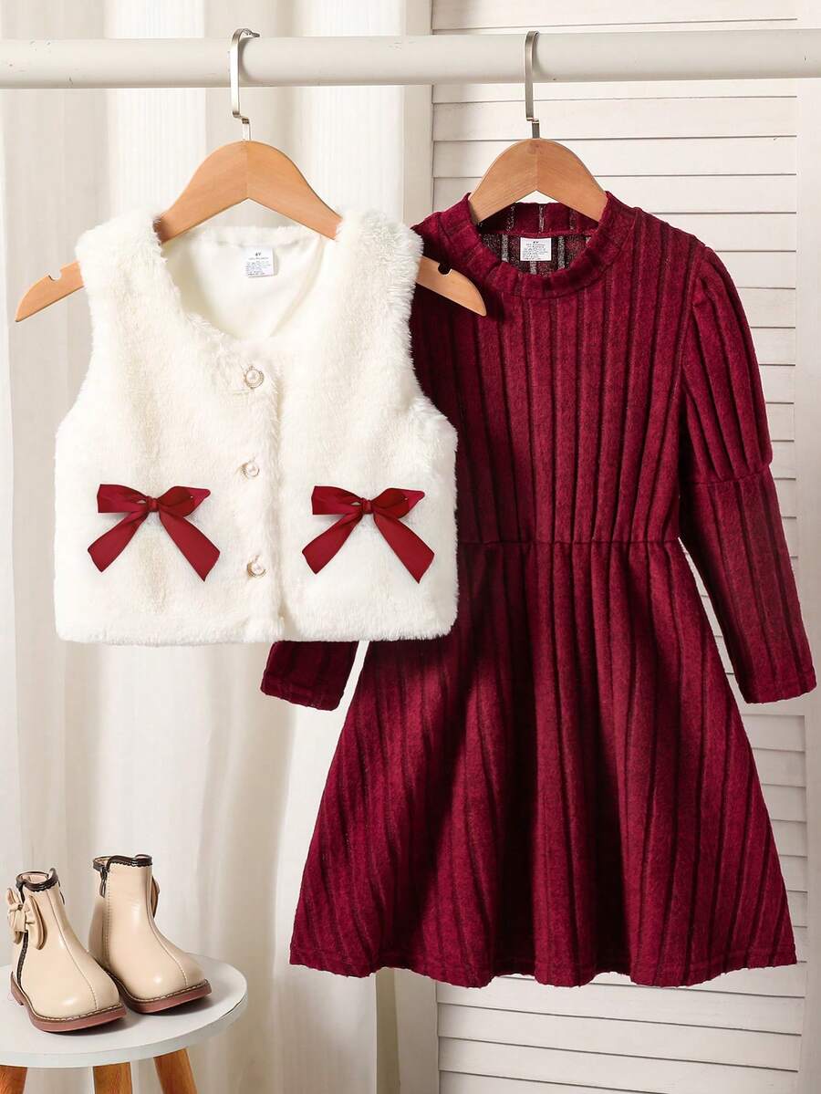 2pcs/Set Girls Long Sleeve Plush Lantern Sleeve Dress & Fluffy Vest Cardigan Set, Bowknot, Suitable For Spring, Autumn, Winter, Party, Christmas, Outdoor Daily Wear