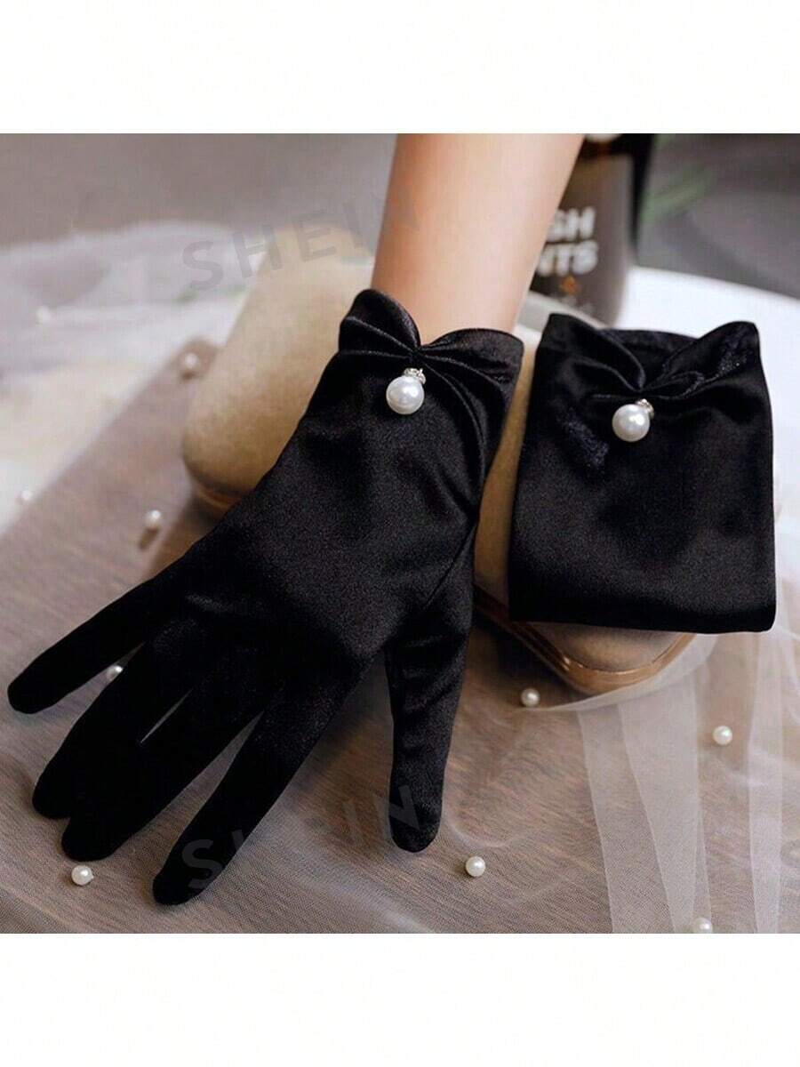 女士新娘婚礼缎面歌剧晚宴复古舞台表演手套秋季女装情人节配饰 - 緞面短款 - 查看 1