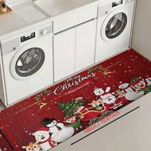 1pc Home Decor, Snowman & Christmas Tree Pattern Print, Christmas, Christmas Gift, Christmas Decoration, Diatomite Kitchen Carpet, Kitchen Mat, Rug, Rectangle Carpet, Suitable For Living Room, Bedroom, Hallway, Bathroom, Laundry Room - Polyester Carpet, Suitable For Indoor And Outdoor Home Decor