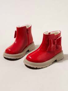 一双儿童红色蝴蝶结装饰闪亮靴子，配有毛绒衬里，适合寒冷天气、生日派对和日常服装，可与节日活动和校服搭配，女童鞋、校鞋、牛仔靴、战斗靴、女童靴、男童靴、保暖鞋、冬鞋 - 紅色 - 查看 1