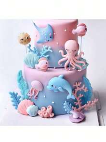 11pcs Or 1pc Marine Animal Cake Decorations, Whales, Dolphins, Porcupines, Jellyfish, Octopuses, Shells, Corals And Other Underwater Animals, Marine Theme Cake Decoration Set, Birthday Cake Baptism Cake Decoration, Soft Clay Handmade With Slight Defects(Do Not Touch The Cake; Please Use It With The Stick.) - Multicolor - View 5