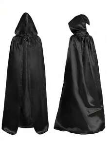 1 Set - Halloween Cloak Cape Cosplay For Adults & Kids, Black Medieval Wizard Robe, Death Priest Hooded Cloak + Matching Wig Suitable For Halloween Party - Multicolor - View 2