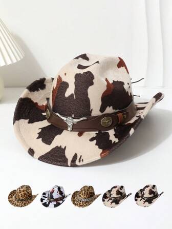 1pc Women's Retro American Cow Leopard Leather Decor Hat, European And American Jazz Hat, Western Cowboy Hat, Suitable For Daily Wear, Outdoor Activities, All Seasons, Fashion Cap
