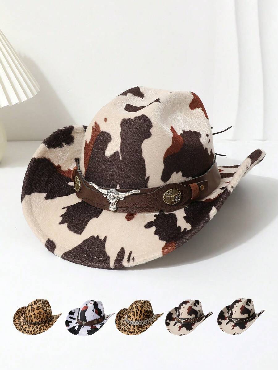 1 pieza Sombrero retro de mujer con decoración de piel de vaca y estampado de leopardo, sombrero de jazz europeo y americano, sombrero de vaquero occidental, adecuado para uso diario, actividades al aire libre, todas las estaciones, gorra de moda, vacaciones, viajes - sombrero de copa - Ver 1