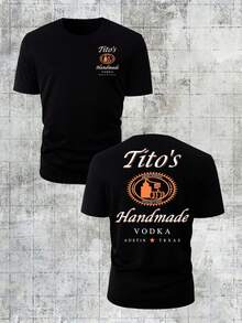 180g Pure Cotton Loose Crew Neck Tee, Tito's Handmade Vodka "Austin Texas" Badge Graphic, Classic Black, Summer Casual Wear - 黑色 - 查看 1