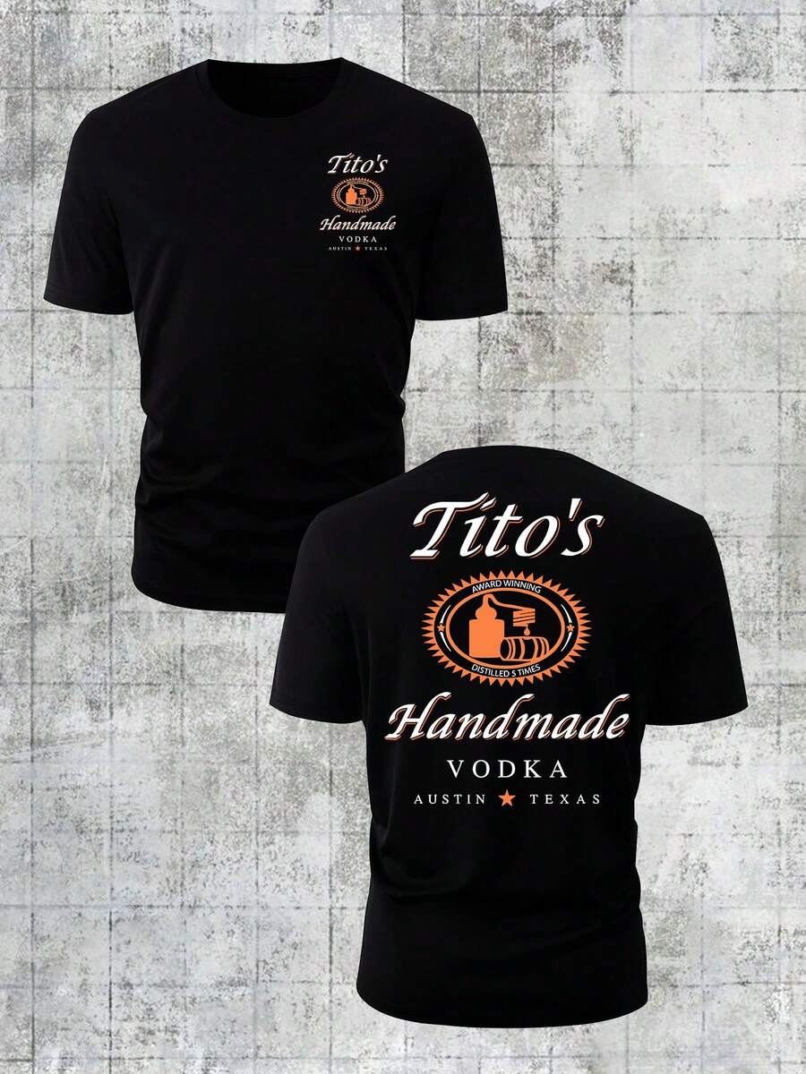 180g Pure Cotton Loose Crew Neck Tee, Tito's Handmade Vodka "Austin Texas" Badge Graphic, Classic Black, Summer Casual Wear - 黑色 - 查看 1