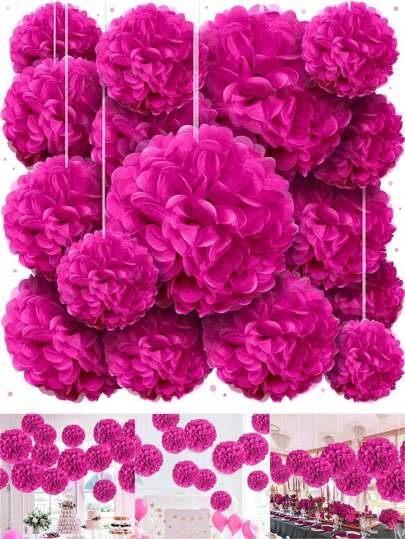 16/20pcs Fuchsia, Blue, Green, Colorful Paper Pom Poms Decorative Balls, Suitable For Mother's Day, Wedding, Confession Day, Shower, Birthday, Party, Indoor & Outdoor Decor