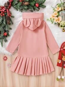Young Girl' Cute Christmas Bunny Ear Hooded Dress, Spreading Christmas Cheer! Pink Bunny Ear Hoodie Dress, Christmas Themed Prints, Suitable For Christmas Party And Daily Wear In Autumn/Winter - Red Violet - View 2