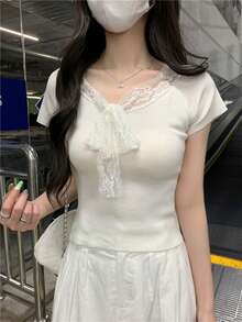 Solid Color Minimalist Lace Patchwork Knitted Top White Summer - White - View 1
