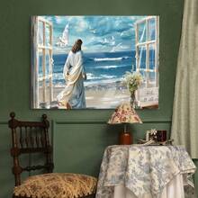 [Inspirational Beach Art] 1pc Wooden Framed/Unframed Fake Window Beach Canvas Wall Painting, Inspirational Beach Wall Decor, God Walk With Me Beach Wall Sticker, Farmhouse Coast Floral Wall Painting, Ocean Seagull Theme, 2D Flat Print Poster