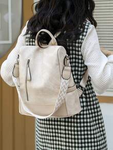 女士高端防盗背包；最新款女士个性化休闲软皮背包；大容量可扩展多功能旅行背包；多功能书包 - 米色 - 查看 4