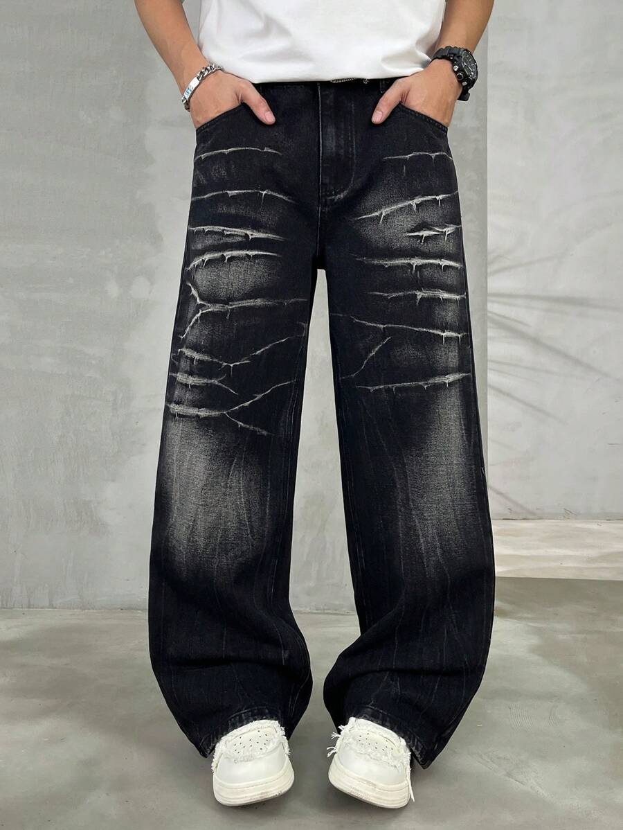 HEHCN Men's Black Loose Fit Jeans, Lightning Scratch Distressed Wash, Fashion Casual Baggy Retro Wide Leg Jeans, Suitable As Gift For Husband, Boyfriend, Grunge - Black - View 1
