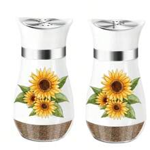 kumlioon Juego de salero y pimentero, salero y pimentero con forma de girasol con soportes para el mango - Decoración moderna de cocina de vidrio - Juego de salero y pimentero para el hogar, restaurante, boda - Accesorios de cocina lindos y elegantes, saleros, pimenteros, saleros y pimenteros de vidrio con base estable para utensilios de cocina, mesa, caravana, camping, barbacoa, botella rociadora, suministros de cocina