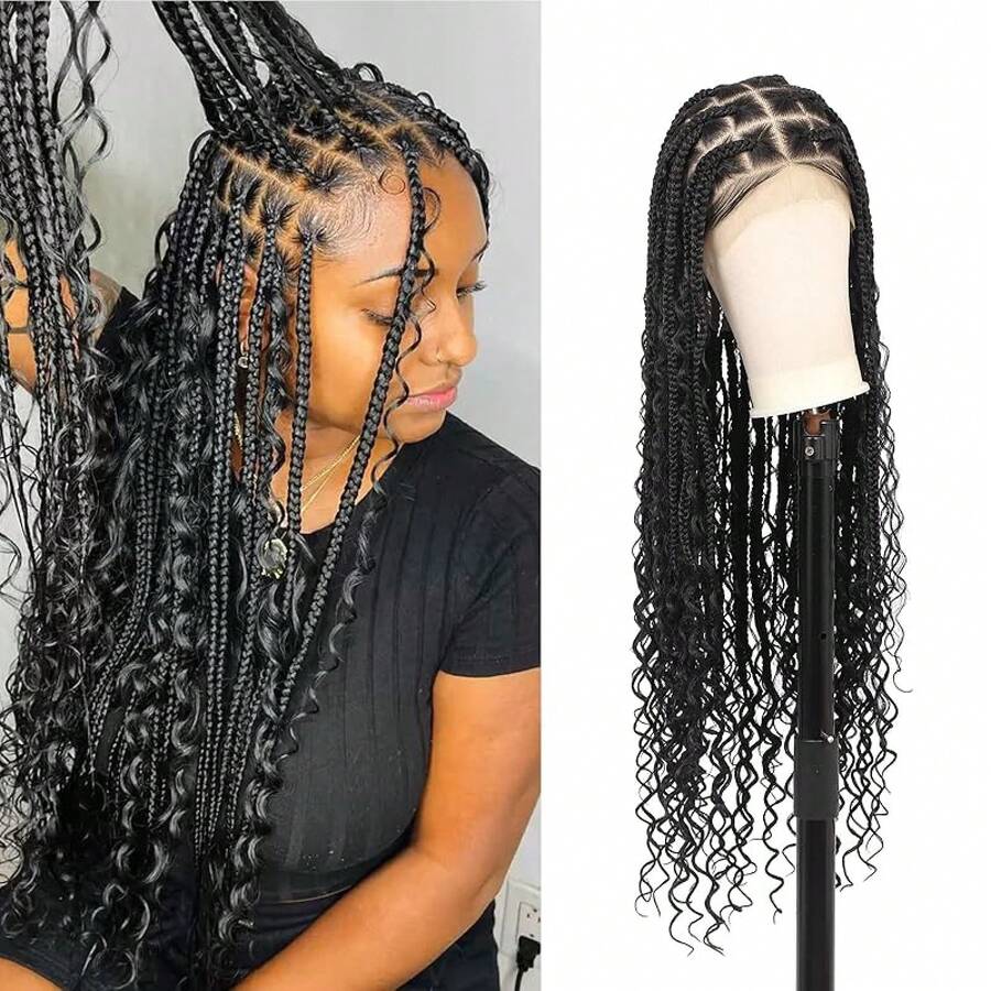 Full Lace Boho Braided Wigs Women 360 Lace Front Box Braided Wigs, Black Premium Synthetic Knotless Braid Wig 36, Wig Styles KPND - 黑色方塊波西米亞風 - 查看 1