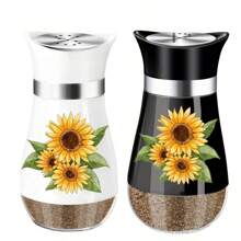 kumlioon Juego de salero y pimentero, salero y pimentero con forma de girasol con soportes para el mango - Decoración moderna de cocina de vidrio - Juego de salero y pimentero para el hogar, restaurante, boda - Accesorios de cocina lindos y elegantes, saleros, pimenteros, saleros y pimenteros de vidrio con base estable para utensilios de cocina, mesa, caravana, camping, barbacoa, botella rociadora, suministros de cocina