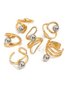 6 件/套几何不对称线镂空金银混色球形指节戒指套装，适合日常佩戴、约会、派对、节日、周年纪念、生日，优雅、精致、简约、奢华、时尚、性感、可爱 - 金黃色 - 查看 5