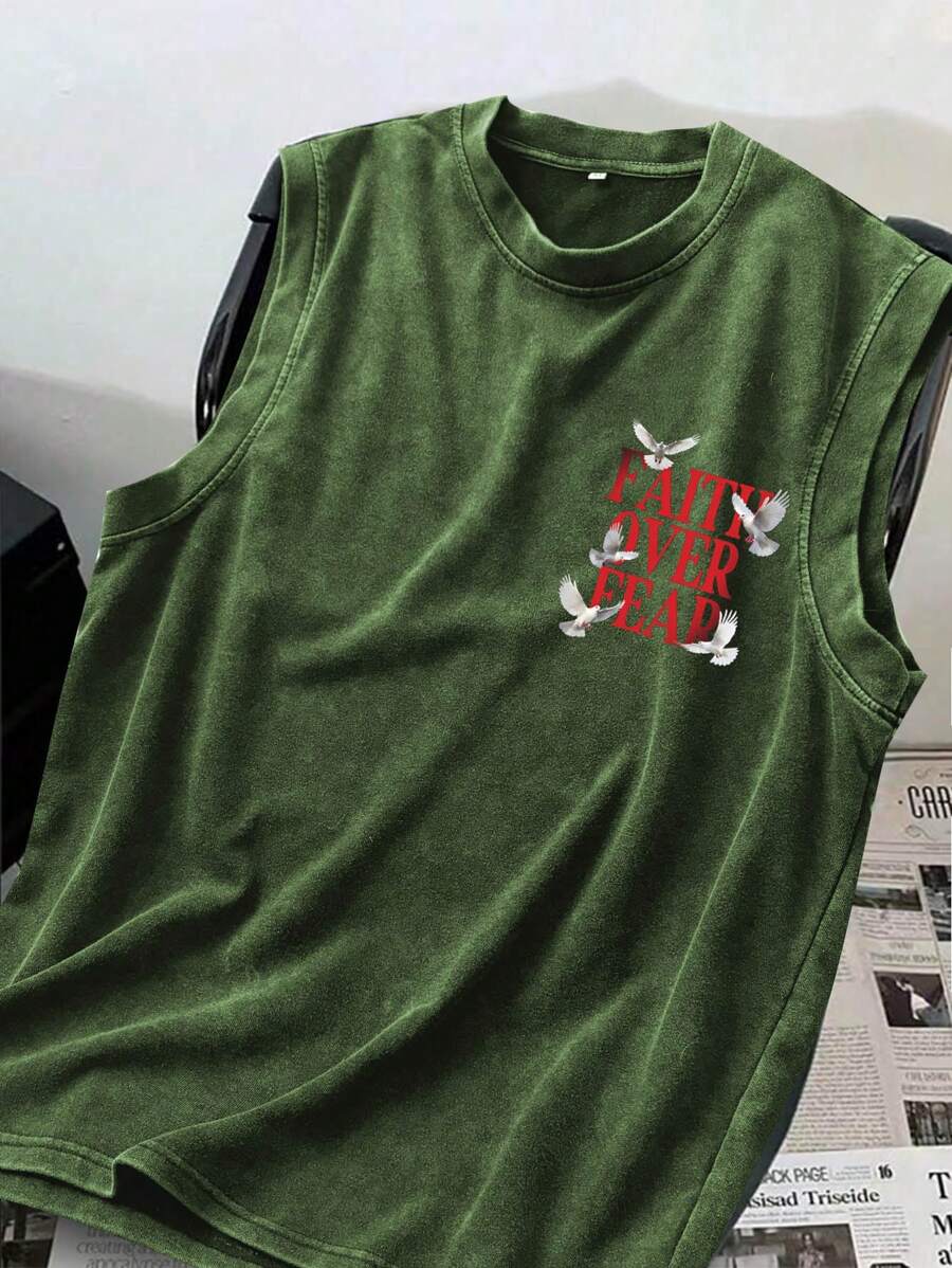 卓天喜男士水洗“爱与自由”做旧圆领背心 - 綠色 - 查看 1