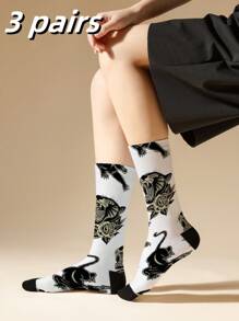 1/2/3 Pairs 3D Men's Printed Crew Socks, Panther Pattern Mid Calf Socks, Fashion Socks, Novelty Socks, Floral Pattern Long Socks, Hip Hop Socks, Gift Socks, Back To School Season, Suitable For Spring, Summer, Autumn, Winter And Any Occasion!, Fall Socks