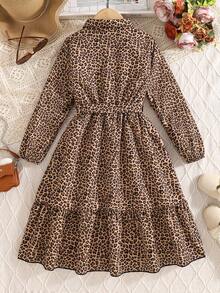 Girls' Comfortable Leopard Print Collared Button-Up Belted Mid-Length Dress, Stylish Outdoor Casual Chic Outfit For Tween Girls - Brown - View 2