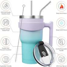 Vaso de  con asa de acero inoxidable con tapa y popote para mujer, color verde lavanda - Menta - Ver 9