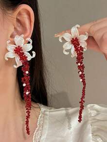 1 Cặp bông tai tua rua đính hạt hoa màu đỏ cổ điển, Phụ kiện bông tai đơn giản theo phong cách kỳ nghỉ hè - Đỏ - Xem 2