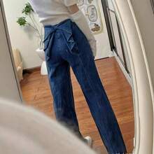 Wide-Leg Denim Straight-Leg Pants For Women With Back Ribbons. Relaxed Fit, Long Gaucho Pants. Harajuku, Y2K, Korean, School, Street Style. - 藍色 - 查看 4
