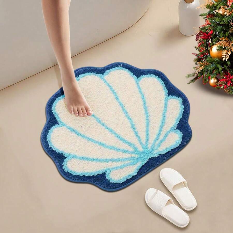 1 قطعة سجادة حمام بشكل محار مبطن - قابلة للغسل في الغسالة 100% بوليستر، بتصميم محار أزرق وأبيض، ملمس ناعم وفاخر، مناسبة للحمام والغرفة والمطبخ والمكتب وغرفة الألعاب - سجادة أرضية زخرفية، سجادة حمام ديكور مدخل الحمام والمطبخ