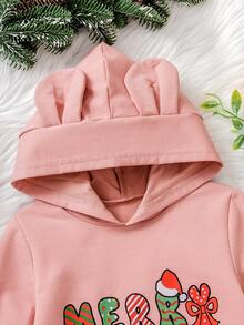 Young Girl' Cute Christmas Bunny Ear Hooded Dress, Spreading Christmas Cheer! Pink Bunny Ear Hoodie Dress, Christmas Themed Prints, Suitable For Christmas Party And Daily Wear In Autumn/Winter - Red Violet - View 3