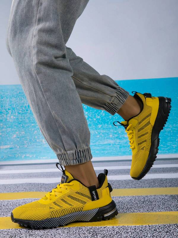 Men's Yellow Mesh Athletic Sneakers, American Street Style Sports Shoes For Running And Casual Wear