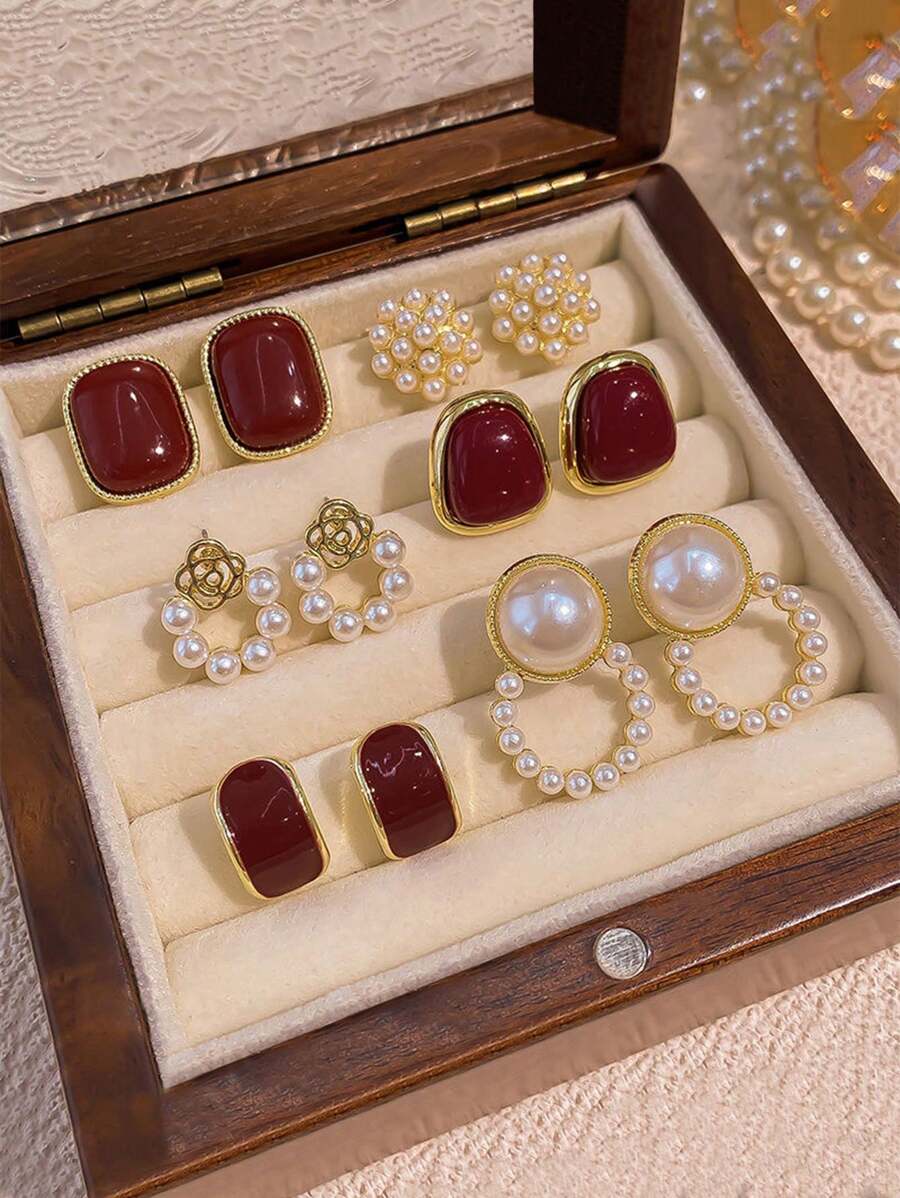 1 set cercei stud curbați cu perle artificiale, model retro floral francez la modă, set de cercei pătrați geometrici minimalisti, potriviți pentru femei, purtați zilnic și de festival
